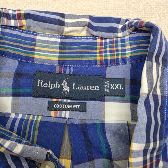 Ralph Lauren Custom Fit Button Down Shirt XXL Blue Yellow Plaid Long Sleeve Clas - Picture 2 of 6